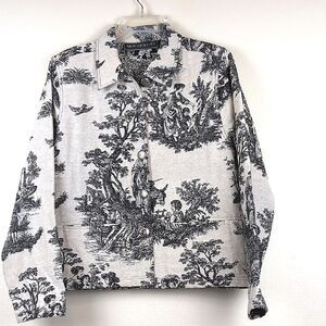 New Identity Black and Cream Toile Tapestry Lagenlook Button Front Jacket Size L